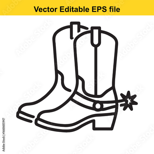 Line art illustration of cowboy boots with spurs isolated on white background