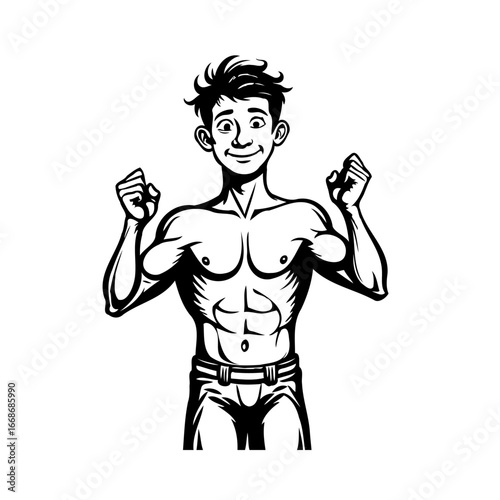 Enthusiastic young man showcasing sculpted physique in vector illustration for motivational