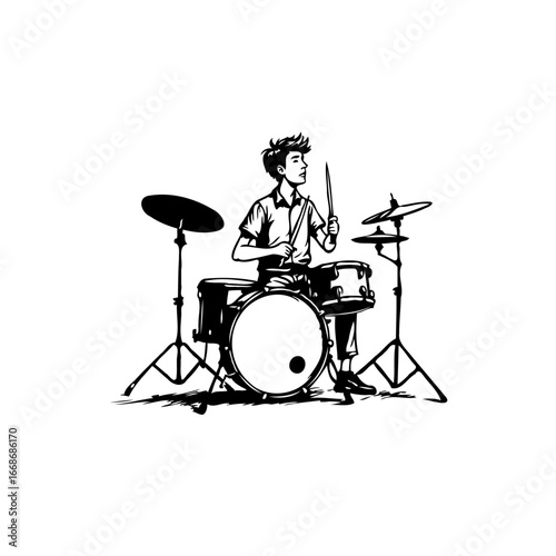 Expressive young musician energetically plays drums creating a rhythmic captivating performance