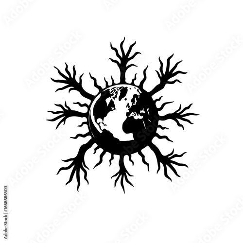 Global interconnectedness concept illustration showcasing the planet intertwined with organic root