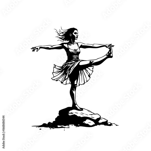 Graceful silhouette of a dancer in elegant pose upon the rock enjoying the peace and harmony