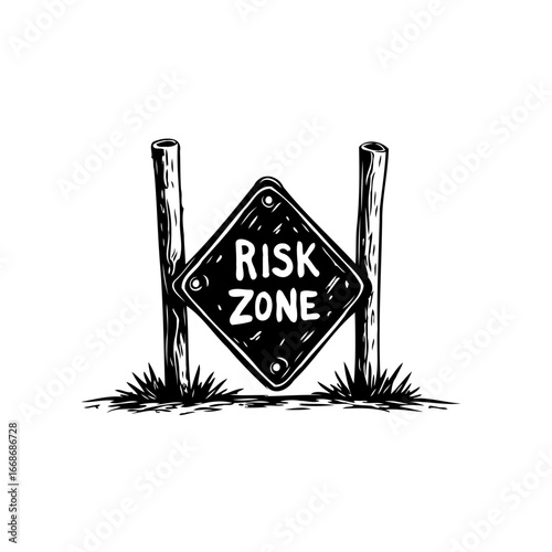 Hand sketched risk zone sign warning of potential danger ahead conveying uncertain conditions or