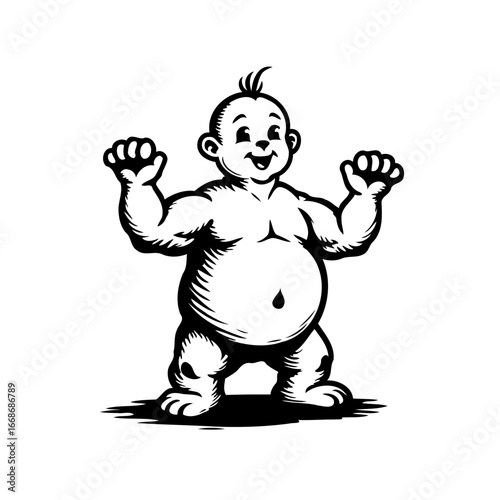 Humorous caricature of a strong baby showing its muscular arms, with a charming illustration of