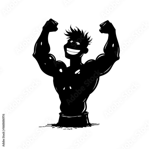 Illustration of a black silhouette figure showing muscle strength with a proud smile showcasing a