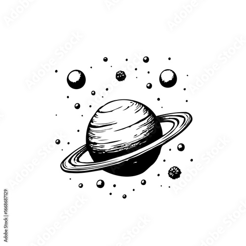 Illustration of a ringed planet amidst a cluster of stars with unique hand drawn aesthetic