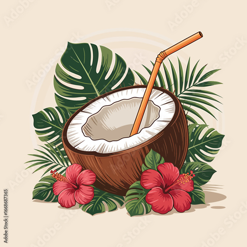 Half coconut with a straw and tropical leaves and flowers, refreshing and healthy natural drink