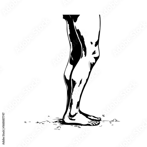 Illustrative depiction of lower limbs showcases muscular anatomy stands on textured ground