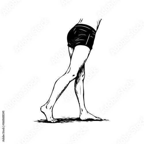 Ink illustration of human legs in motion depicting stride gait and anatomy with detailed rendering