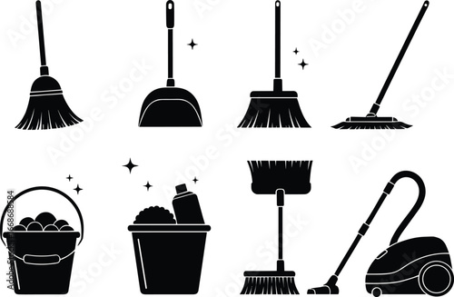 Cleaning tools and equipment icons set, broom mop dustpan bucket soap detergent brush vacuum cleaner symbols for household hygiene sanitation janitorial supplies and housekeeping illustration