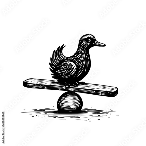 Intricate illustration of a delicate balance achieved with a duck figurine atop a spherical base