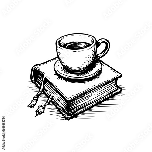 Intricate ink illustration showcases a cozy reading moment with a coffee cup atop an old book