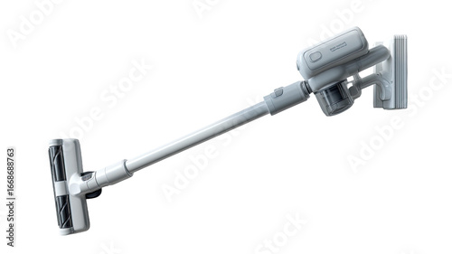 Light gray cordless stick vacuum cleaner angled, showing wand and nozzle