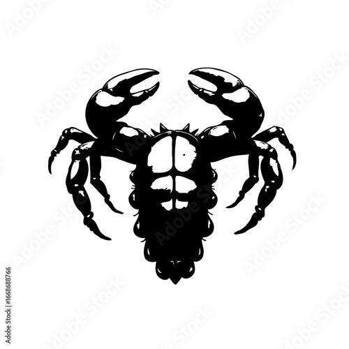 Intricate monochrome depiction of a crab featuring detailed exoskeleton and prominently displayed