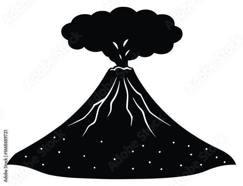 Black and white vector illustration of an erupting volcano silhouette graphic