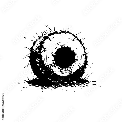 Monochromatic sphere encircled with spiky elements creating an abstract grunge design for artistic
