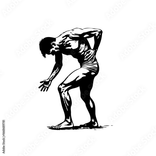 Monochrome anatomical study of male figure exhibiting physical discomfort and posture imbalance