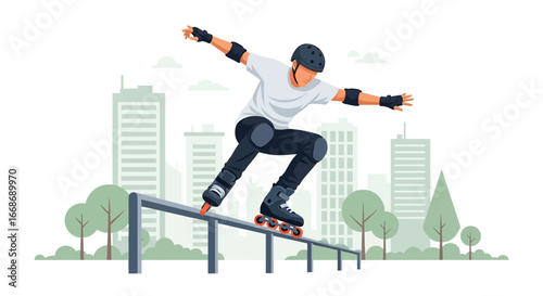 Flat illustration of a skater performing an aggressive inline grind on a rail at an urban skate park, representing extreme sports, balance, youth culture, and modern active lifestyle