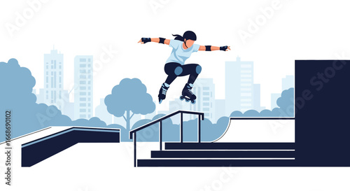 Flat illustration of a female athlete performing an aggressive inline skating jump over stairs at a city skate park, symbolizing extreme sports, youth culture, and urban active lifestyle