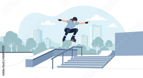 Flat illustration of a female athlete performing an aggressive inline skating jump over stairs at a city skate park, symbolizing extreme sports, youth culture, and urban active lifestyle