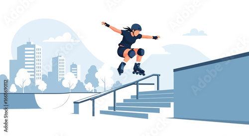 Flat illustration of a female athlete performing an aggressive inline skating jump over stairs at a city skate park, symbolizing extreme sports, youth culture, and urban active lifestyle