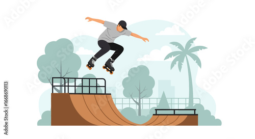 Flat illustration of a skater performing a aggressive inline skate trick on a half-pipe ramp at an outdoor skate park, symbolizing youth culture, extreme sports, and active lifestyle