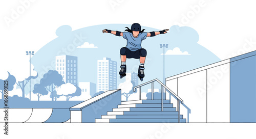 Flat illustration of a female athlete performing an aggressive inline skating jump over stairs at a city skate park, symbolizing extreme sports, youth culture, and urban active lifestyle