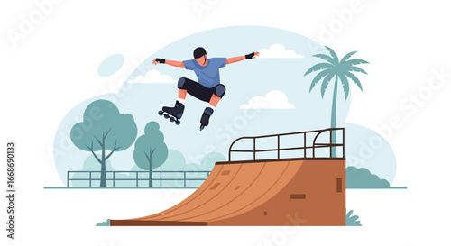 Flat illustration of a skater performing a aggressive inline skate trick on a half-pipe ramp at an outdoor skate park, symbolizing youth culture, extreme sports, and active lifestyle