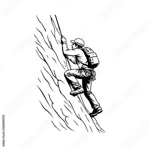 Monochrome depiction of a determined climber scaling a challenging rock face using a rope