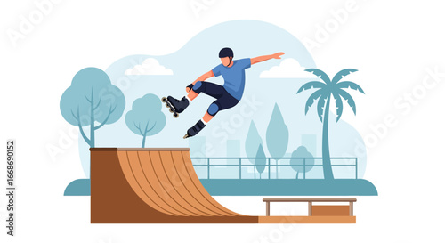 Flat illustration of a skater performing a aggressive inline skate trick on a half-pipe ramp at an outdoor skate park, symbolizing youth culture, extreme sports, and active lifestyle