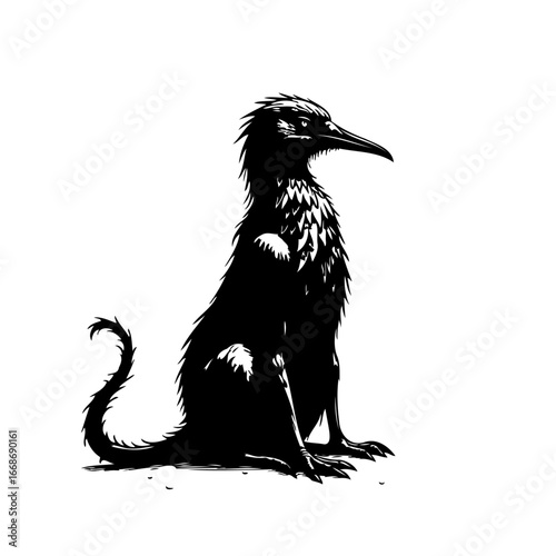 Monochrome depiction of a fantastical bird-like creature with a long beak and curious tail posture