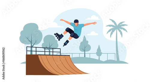 Flat illustration of a skater performing a aggressive inline skate trick on a half-pipe ramp at an outdoor skate park, symbolizing youth culture, extreme sports, and active lifestyle