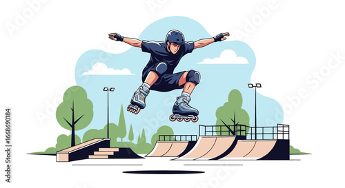 Flat illustration of a skater performing a aggressive inline skate trick on a half-pipe ramp at an outdoor skate park, symbolizing youth culture, extreme sports, and active lifestyle