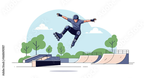 Flat illustration of a skater performing a aggressive inline skate trick on a half-pipe ramp at an outdoor skate park, symbolizing youth culture, extreme sports, and active lifestyle