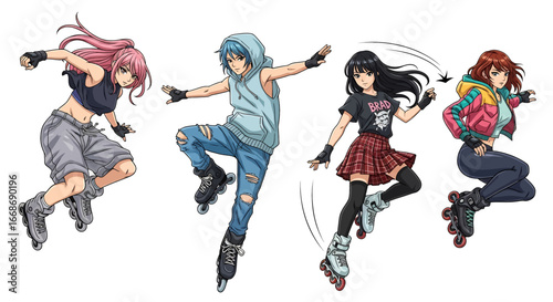 Vector art of young women rollerblading with dynamic tricks and stunts, showcasing urban street style, energy, and action sports culture, ideal for lifestyle, youth, and fitness concepts
