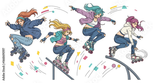 Vector art of young women rollerblading with dynamic tricks and stunts, showcasing urban street style, energy, and action sports culture, ideal for lifestyle, youth, and fitness concepts