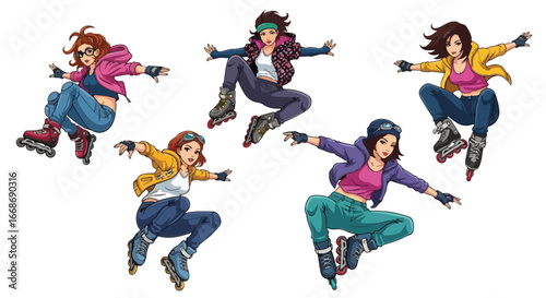 Vector art of young women rollerblading with dynamic tricks and stunts, showcasing urban street style, energy, and action sports culture, ideal for lifestyle, youth, and fitness concepts