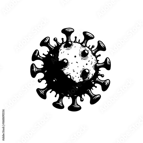 Monochrome depiction of viral infectious agent illustration with spiky surface structures and