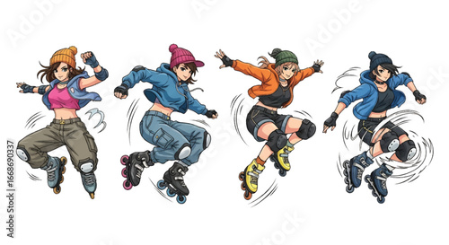 Vector art of young women rollerblading with dynamic tricks and stunts, showcasing urban street style, energy, and action sports culture, ideal for lifestyle, youth, and fitness concepts