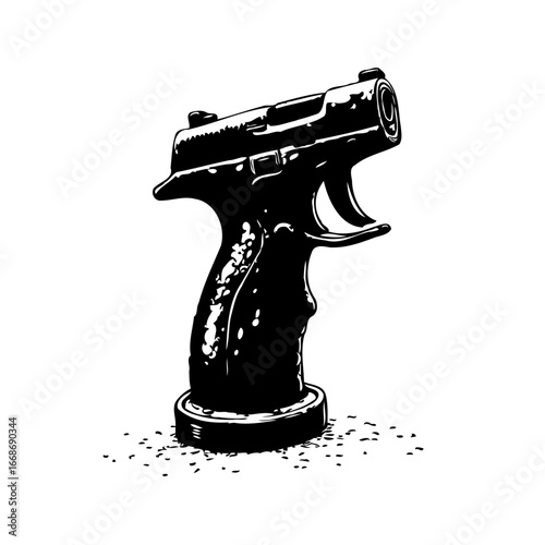 Monochrome depiction of firearm on pedestal showcasing graphic rendering and strong contrast with