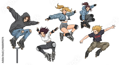 Vector art of young women rollerblading with dynamic tricks and stunts, showcasing urban street style, energy, and action sports culture, ideal for lifestyle, youth, and fitness concepts