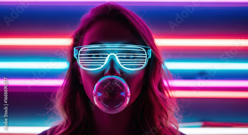 Young woman wearing neon sunglasses blowing a bubble gum in front of colorful neon lights