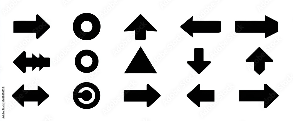 A collection of simple black directional arrows, circles, and triangles on a white background A collection of simple black directional arrows, circles, and triangles on a white background