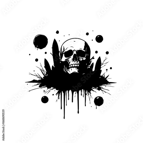 Monochrome gothic art revealing a human skull amidst splatters and ethereal darkness embodying