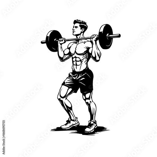Monochrome illustration of a powerful weightlifter executing clean exercise showing the dedication