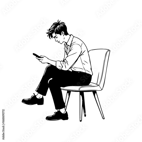 Monochrome illustration of a seated young man absorbed in his mobile device reflecting modern