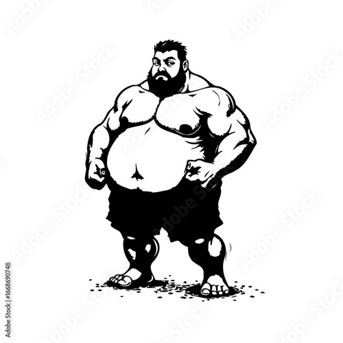 Monochrome illustration of a strong bearded man with a powerful build and solid presence a weighty