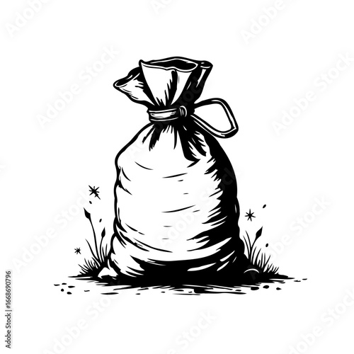 Monochrome illustration of a tightly closed sack with rough edge embellishments creating a