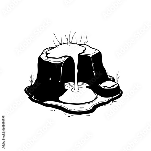 Monochrome illustration of a tree stump with a liquid flowing from the top forming a tranquil pool