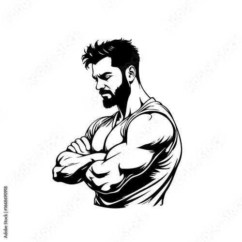 Monochrome illustration showcasing a muscular man with a beard in a thoughtful pose on a white