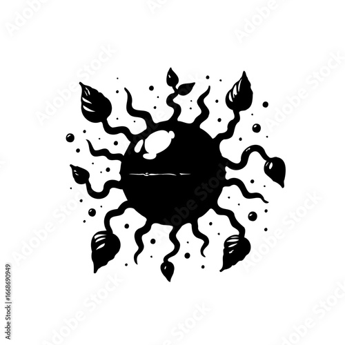 Monochrome orb with spindly tendrils and leaf-like appendages, radiating outward in a stylized